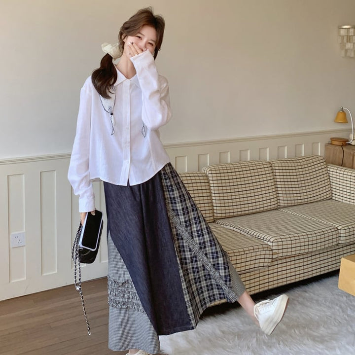 【set】スカーフ付きシャツ×チェック柄ドッキングスカートセット Q8235