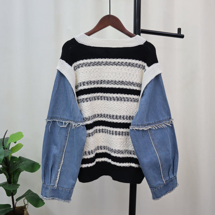 【outer】ボーダー柄ドッキングニットカーデ　M18291