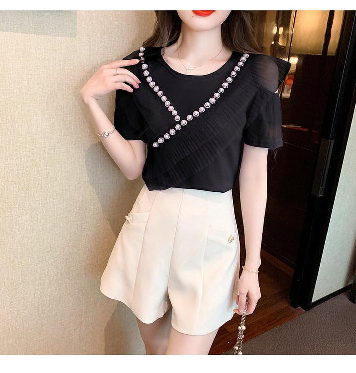 【tops】好感度UP 切り替えオフショルダーTシャツトップス　M16841