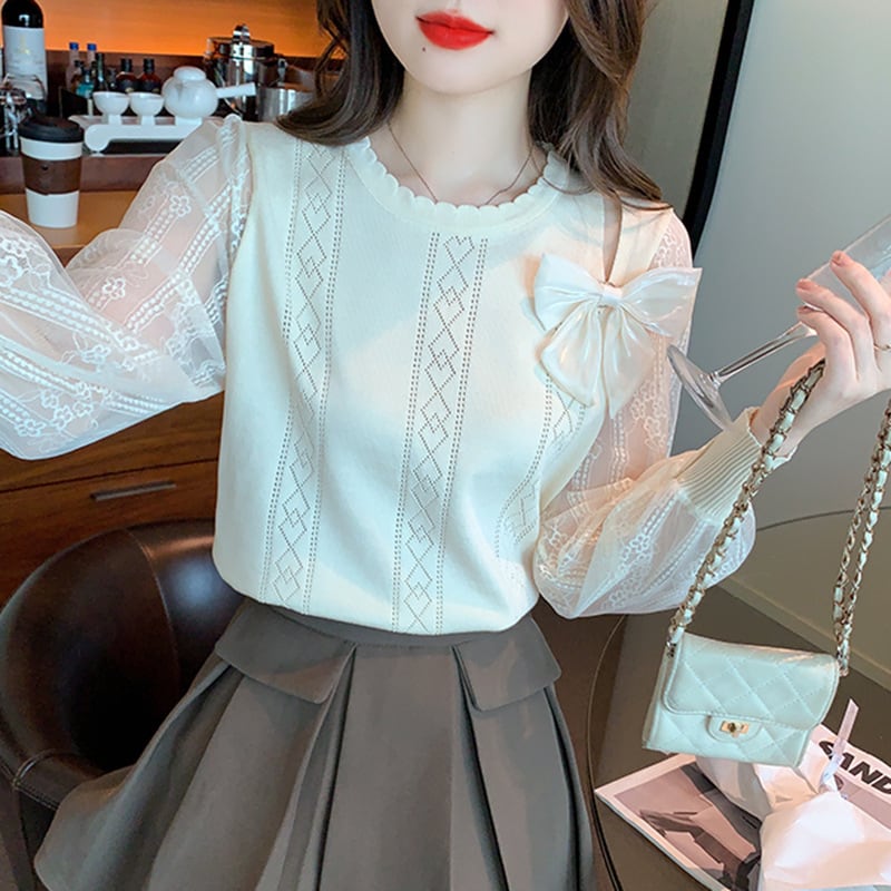 【tops】優しい雰囲気リボン付きレース切り替えトップス　M17185