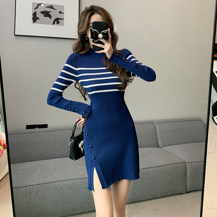 【dress】ボーダー柄スリットニットワンピース　M17966