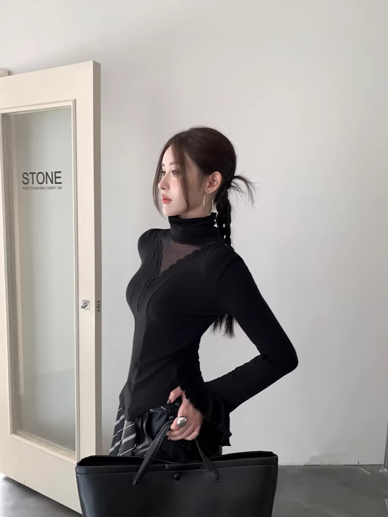 【tops】ハイネックチュールドッキングトップス Q8054