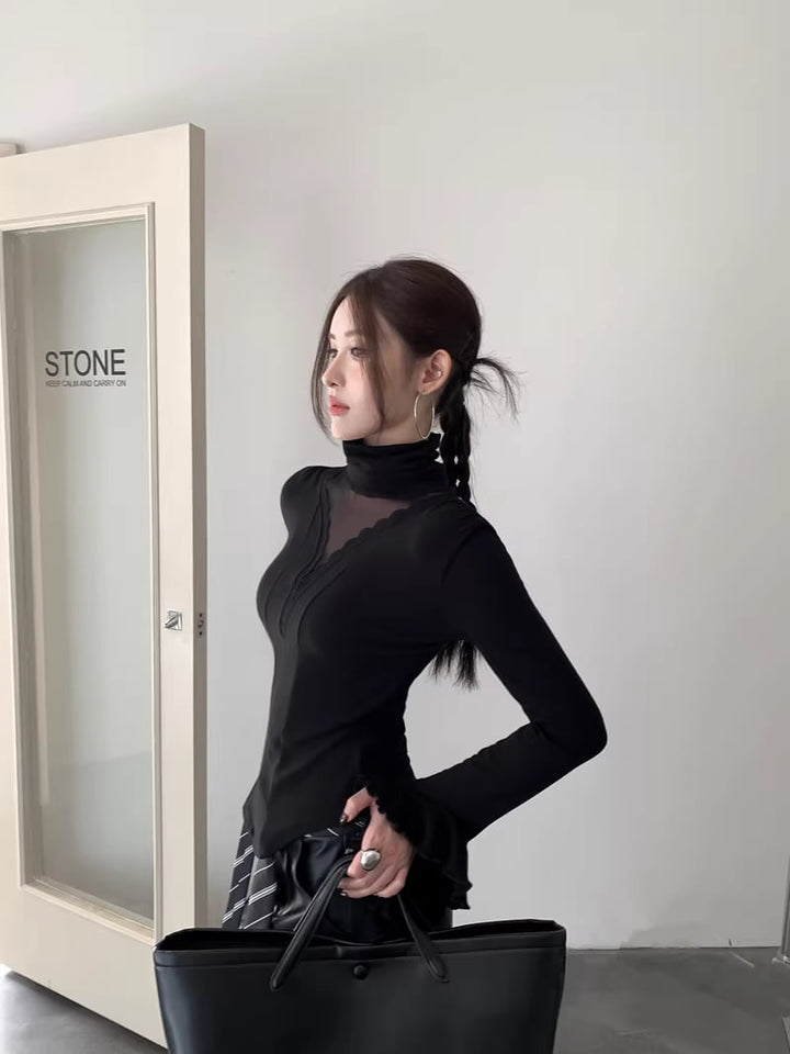 【tops】ハイネックチュールドッキングトップス Q8054