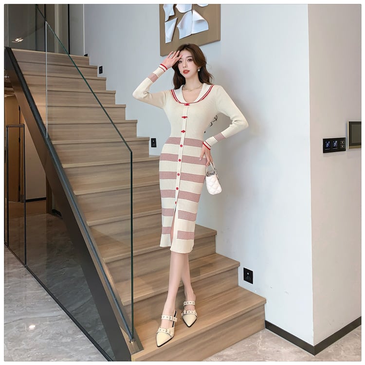 【dress】ボーダー柄スリットニットワンピース　M17954