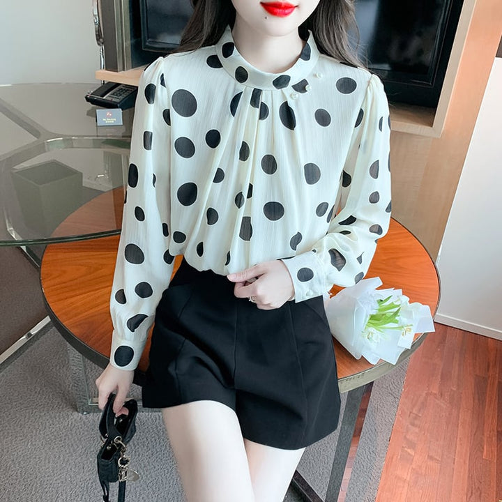 【tops】今季マストバイスタンドネックドット柄シャツ2色　M16882