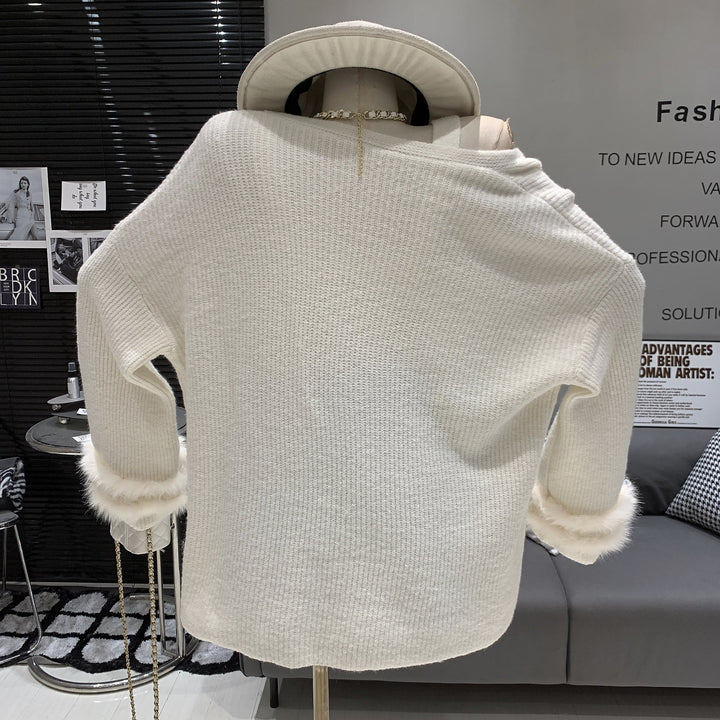 【set】袖ファーカーディガン×ビジュー付きタンクトップニットセット　N2925