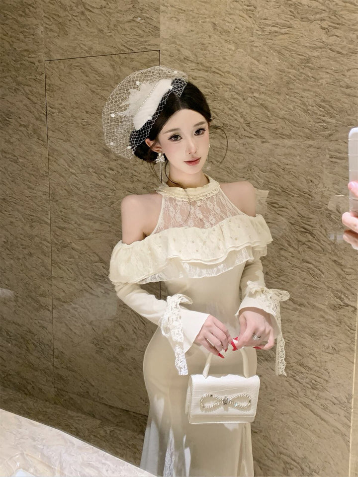 【dress】オフショルレースドッキングワンピース Q7878