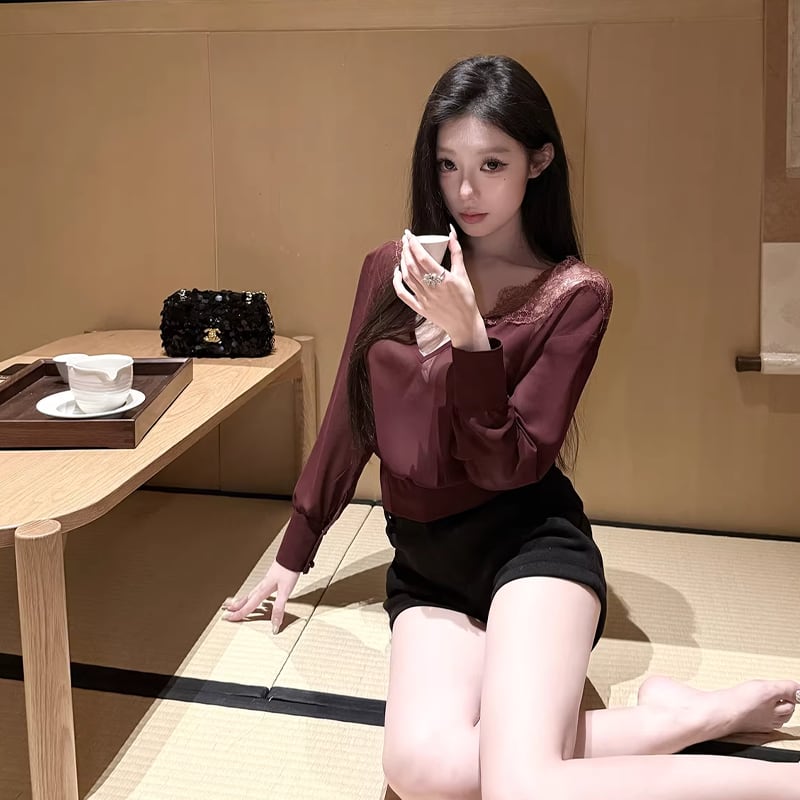 【tops】レースドッキングシフォンシャツ Q8001