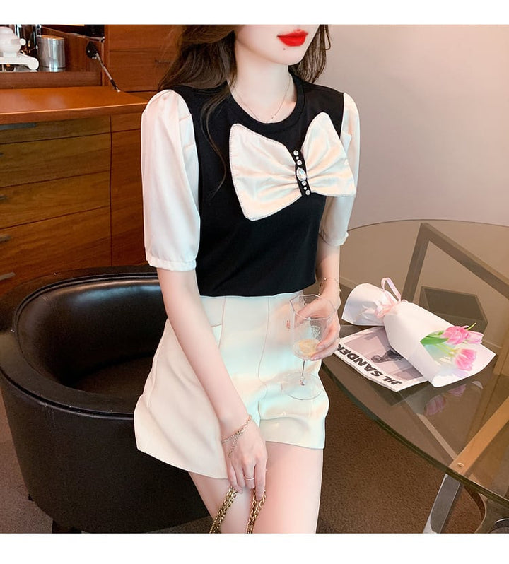【tops】知的で品の良い♡エレガントリボン付きTシャツ　M16838
