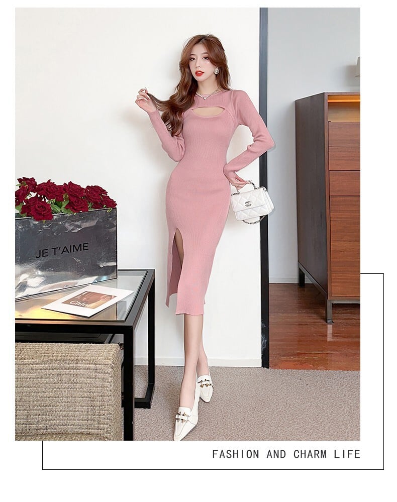 【dress】女性力を高める～スリットニットワンピース　M17630