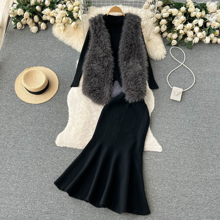 【set】ファージレ×カシュクールニットトップス×マーメイドスカート3点セット　N2741