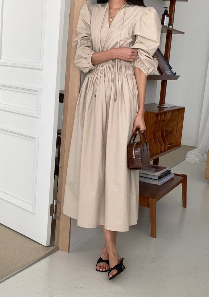 【dress】パフスリーブウエストギャザーワンピース　N2974
