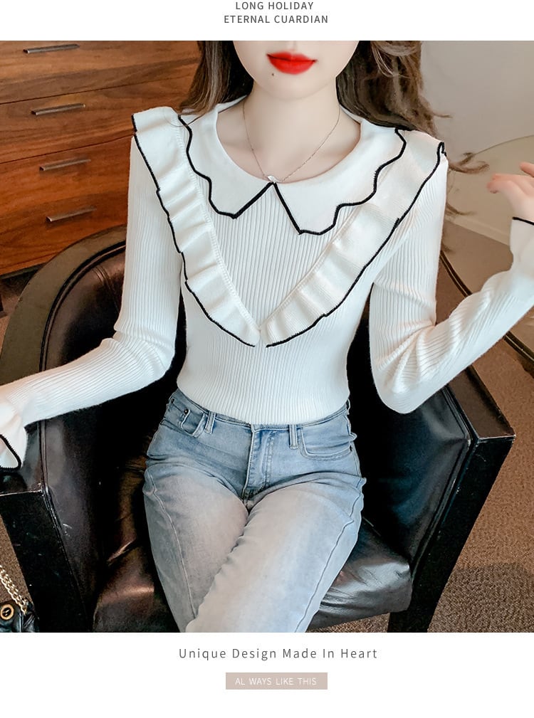 【tops】折り襟フリルニットトップス　M18137