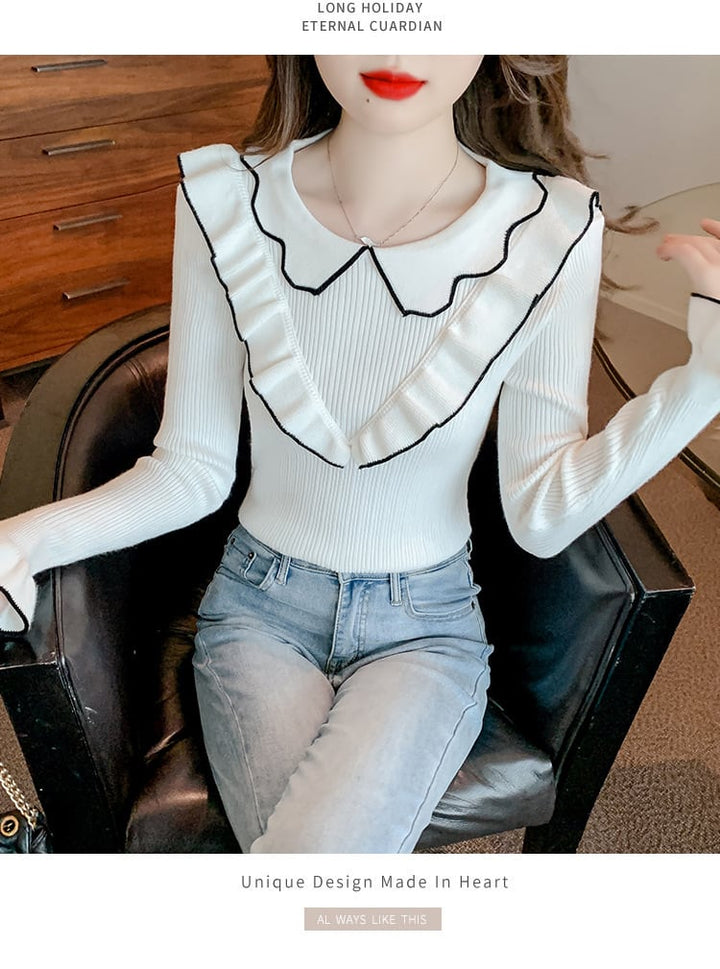 【tops】折り襟フリルニットトップス　M18137