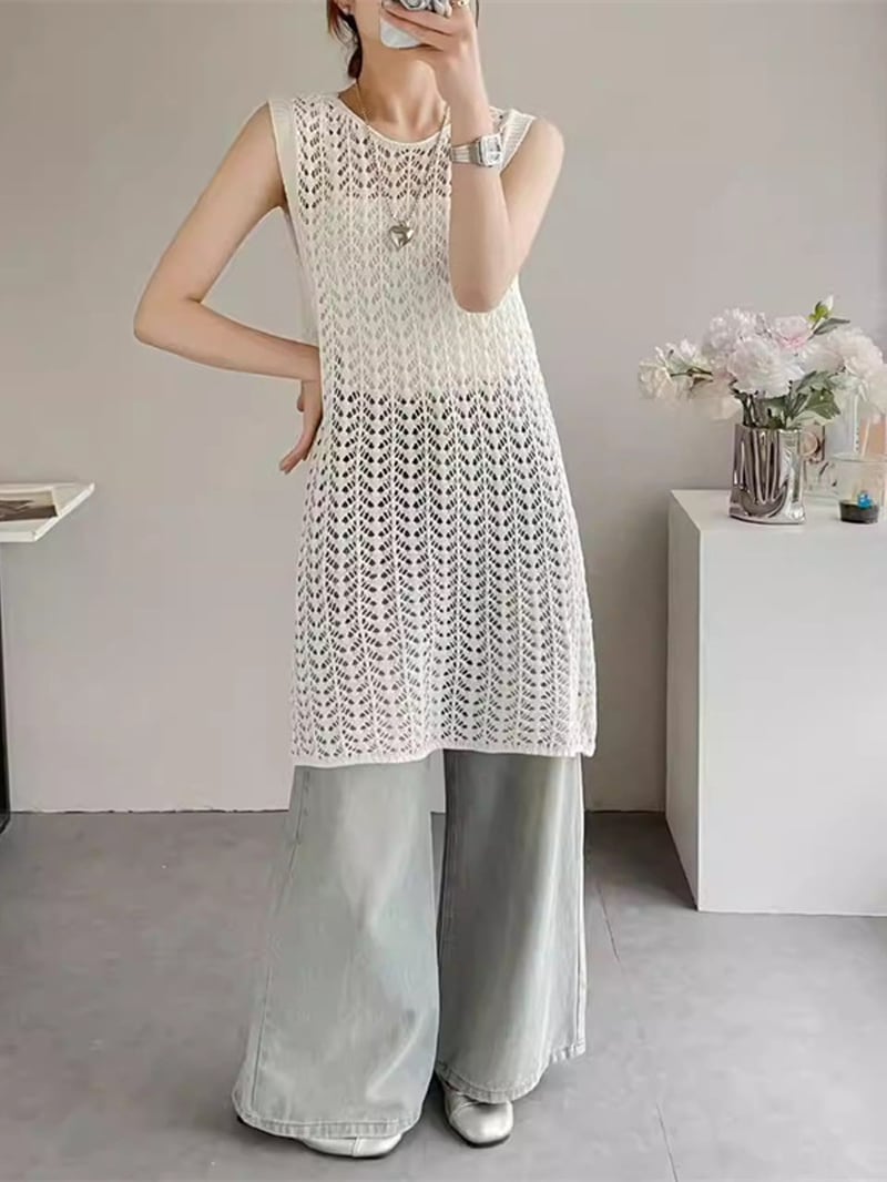 【tops】透かしロングニットベスト Q8310