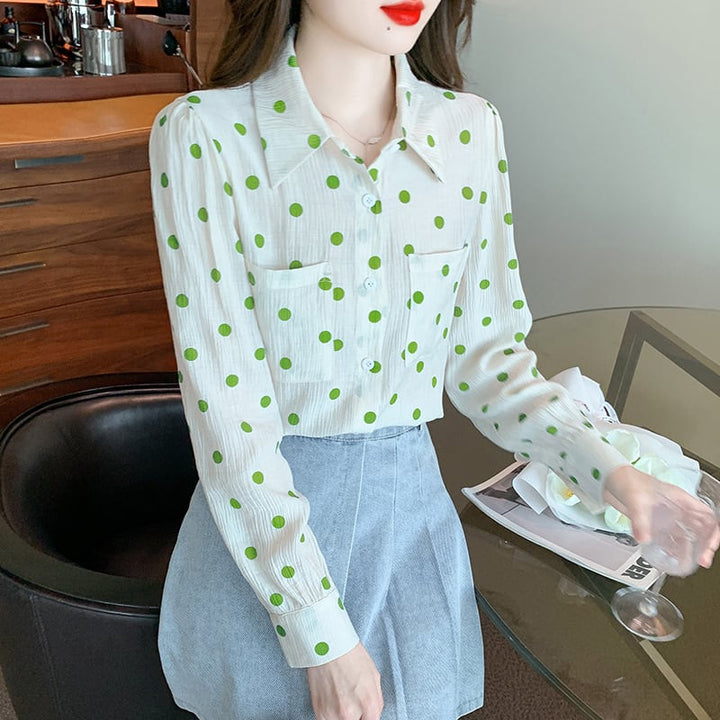 【tops】POLOネックドット柄シャツトップス　M17373