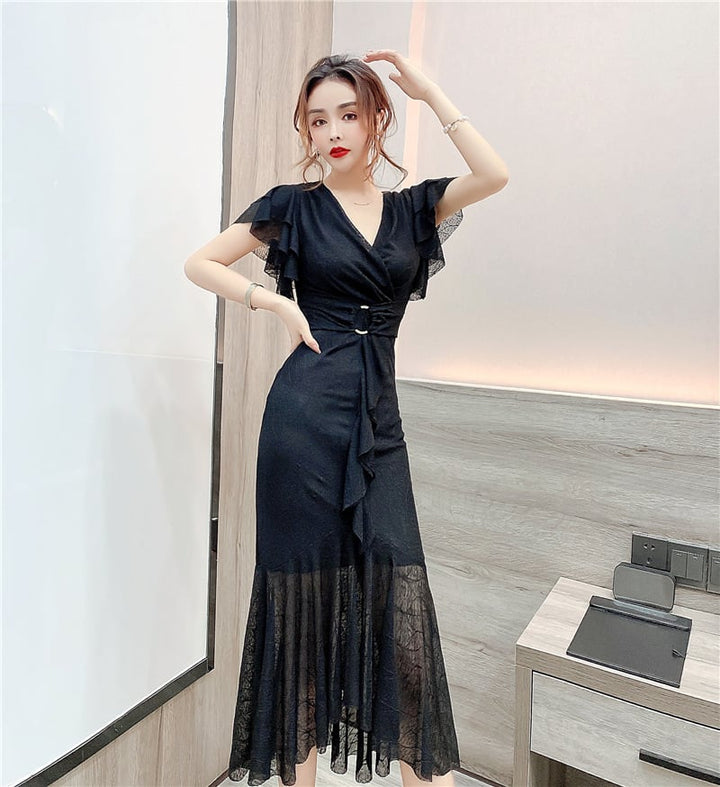 【dress】美人度アップVネックマーメイドワンピース　M17020