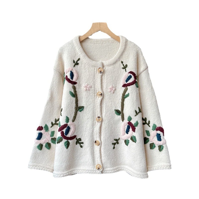 【outer】クルーネック刺繍ニットカーディガン　M17890