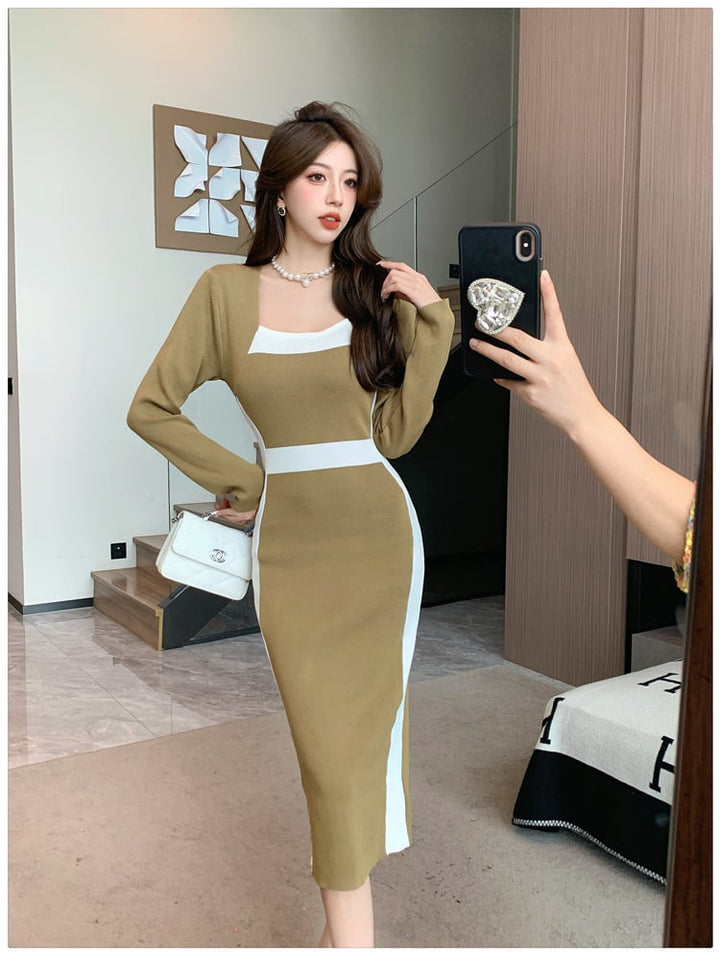 【dress】早い者勝ち切り替えニットワンピース着瘦せ　M17510
