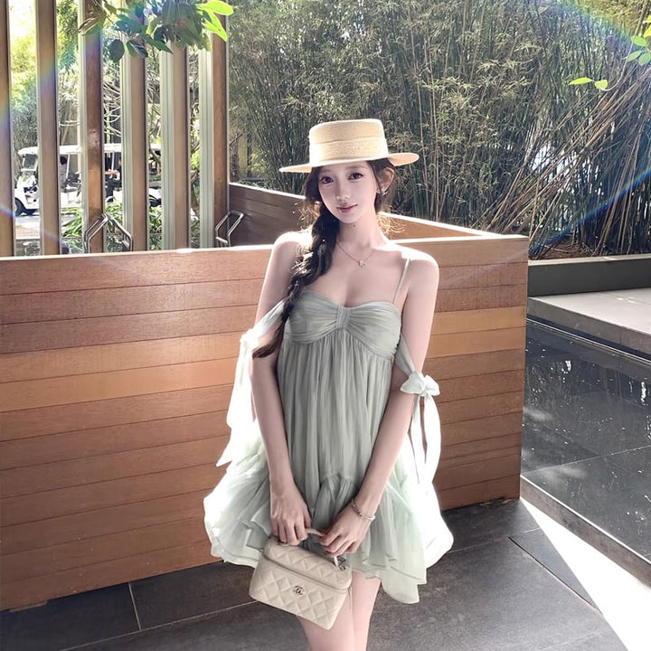 【dress】リボン付きフリルミニワンピース Q8405