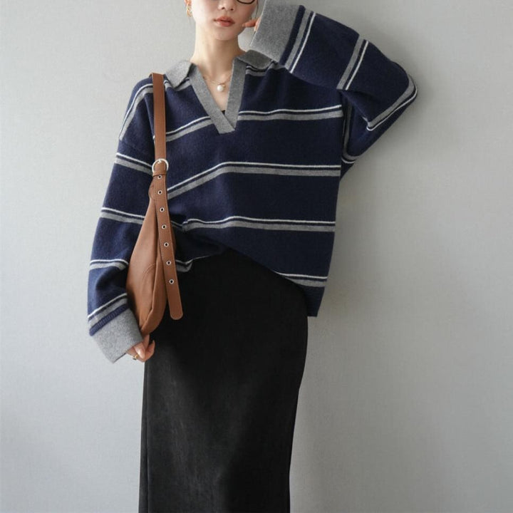 【tops】Ⅴネックボーダー柄ニットトップス N3430