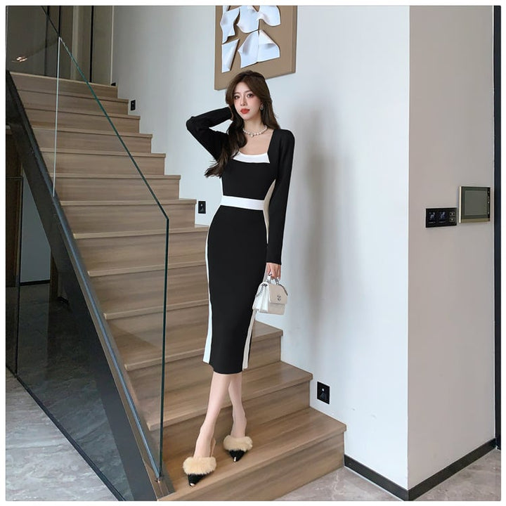 【dress】早い者勝ち切り替えニットワンピース着瘦せ　M17510