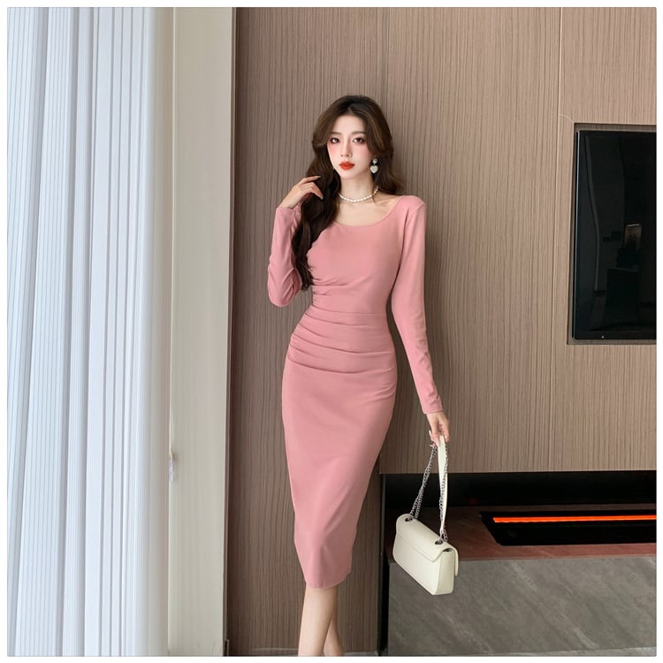 【dress】クルーネック無地ワンピース　M18183