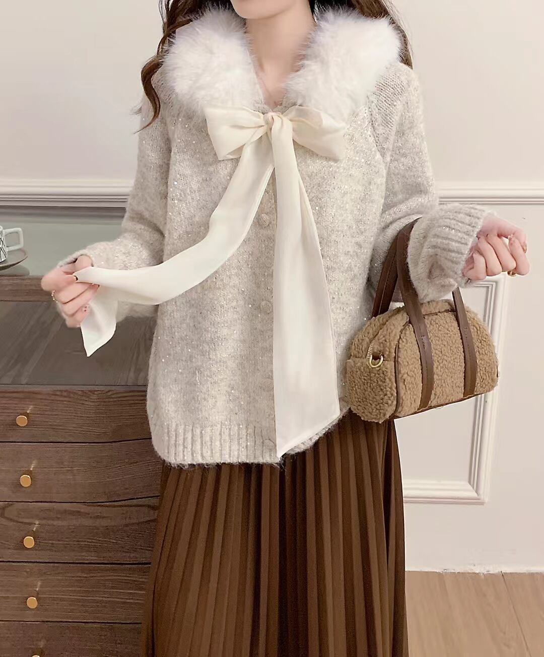 【outer】ファー付きニットカーデ　M28080