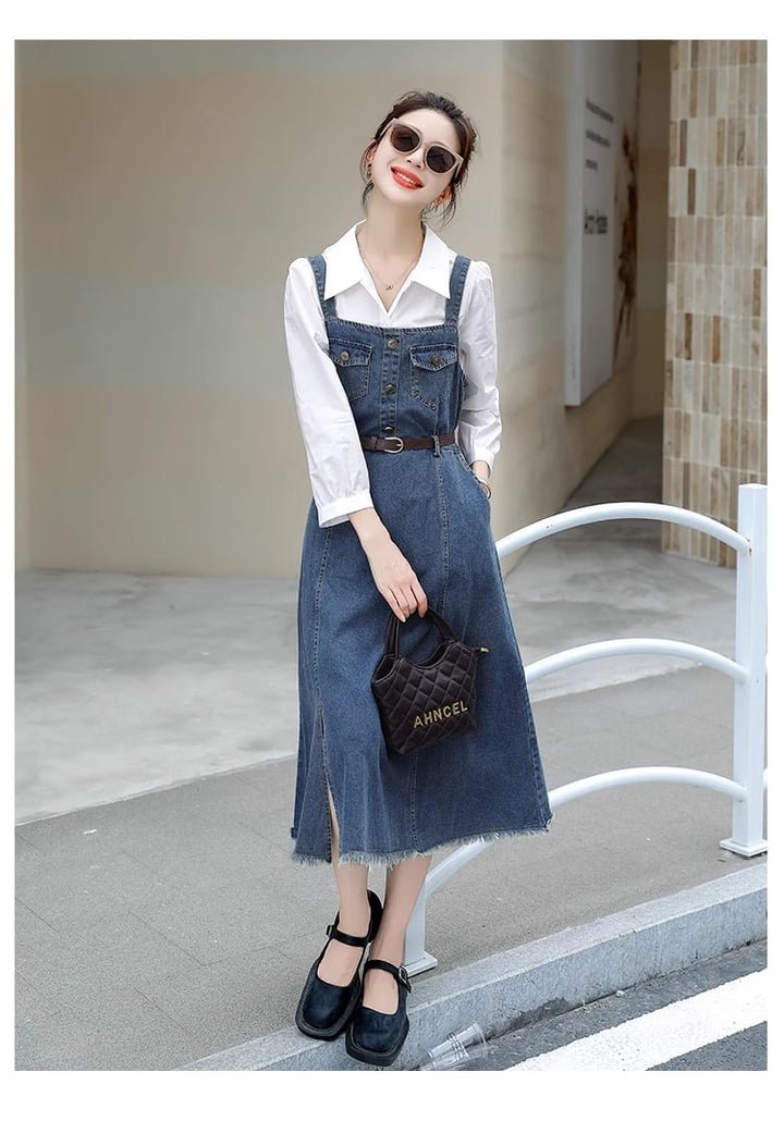 【set】シャツ×デニムサロペットワンピースベルト付きセット　M17837