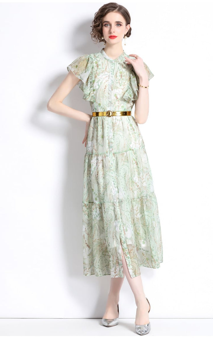 【dress】女性力を高める～フリルプリントワンピース　M16944