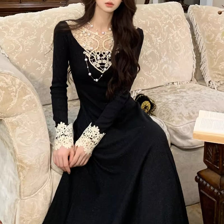 【dress】レースドッキングニットワンピース Q6862