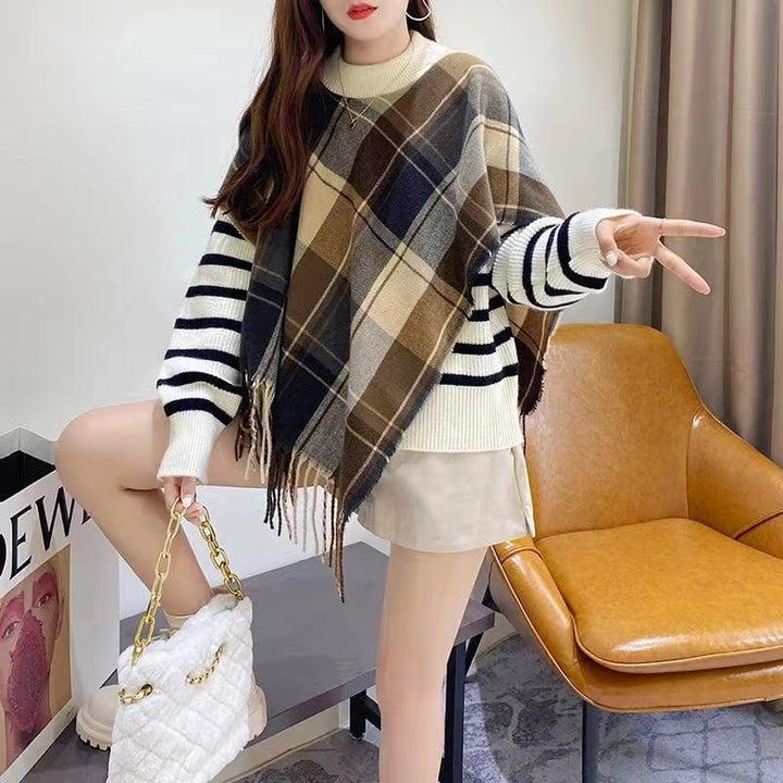 【tops】ドッキングチェック柄ニットセーター　M18371