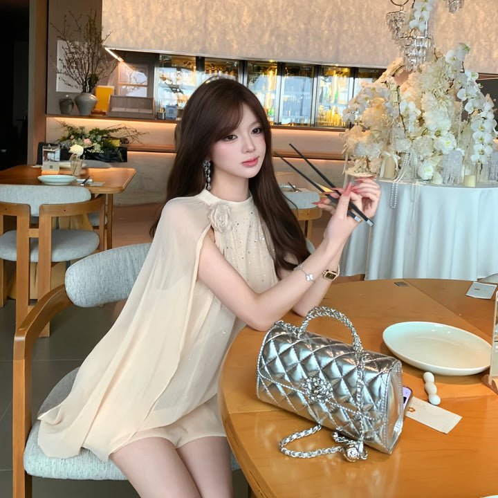 【dress】ラインストーン付きシフォンミニワンピース Q8345