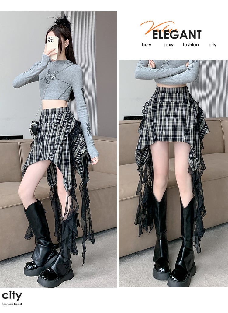 【bottoms】不規則 イレギュラーチェック柄スカート　M24411