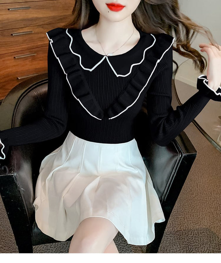 【tops】折り襟フリルニットトップス　M18137