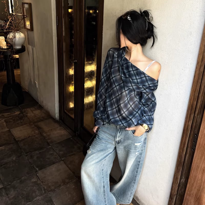 【tops】チェック柄シフォントップス Q8210