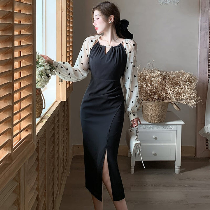 【dress】ドット柄切り替えスリットワンピース　M17714