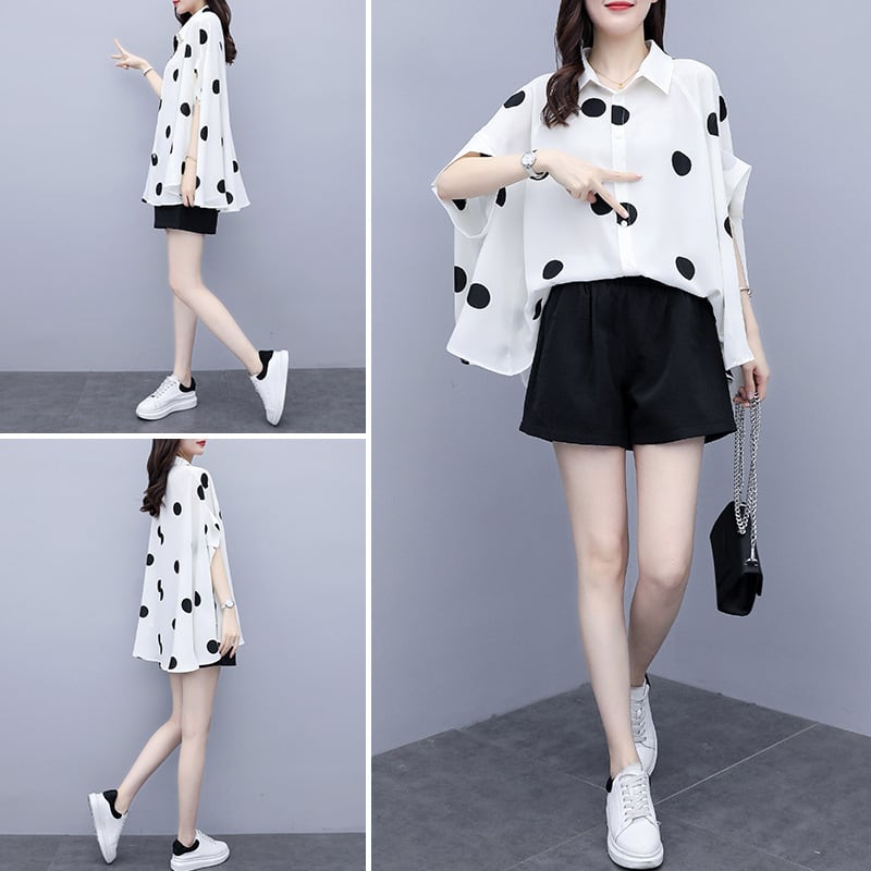 【set】目立つ！2点セットドット柄シャツトップス+ショートパンツ　M16818