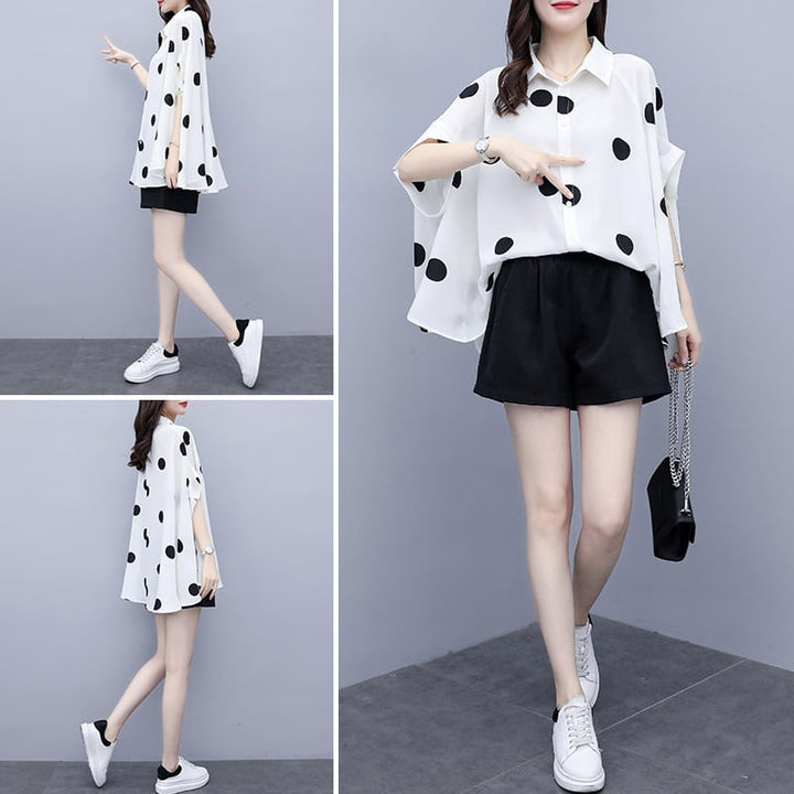 【set】目立つ！2点セットドット柄シャツトップス+ショートパンツ　M16818