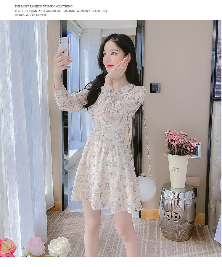 【dress】絶対流行Vネックスウィート花柄ワンピース　M17220