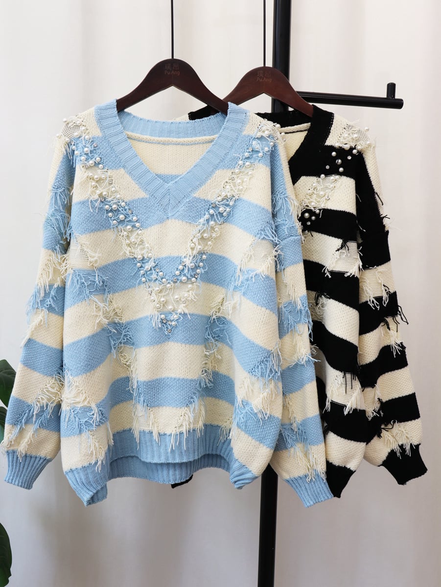 【tops】Vネックボーダー柄ニットセーター　M18064