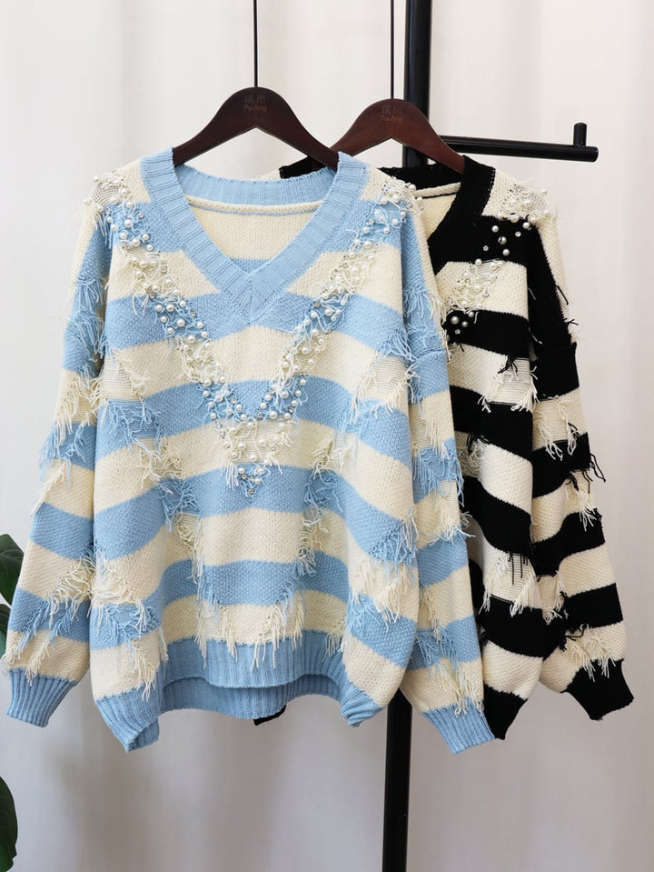 【tops】Vネックボーダー柄ニットセーター　M18064