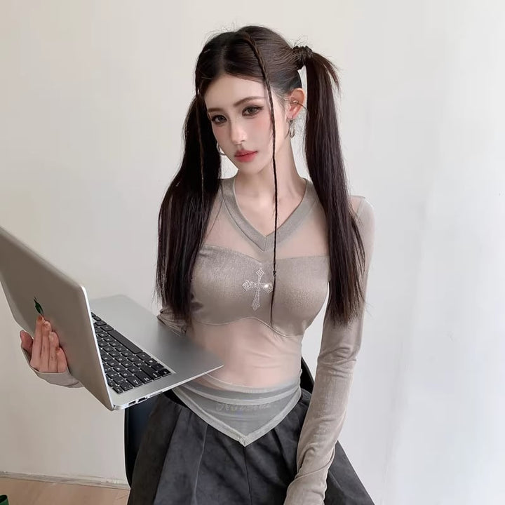 【tops】透け感チュールドッキングトップス Q8197