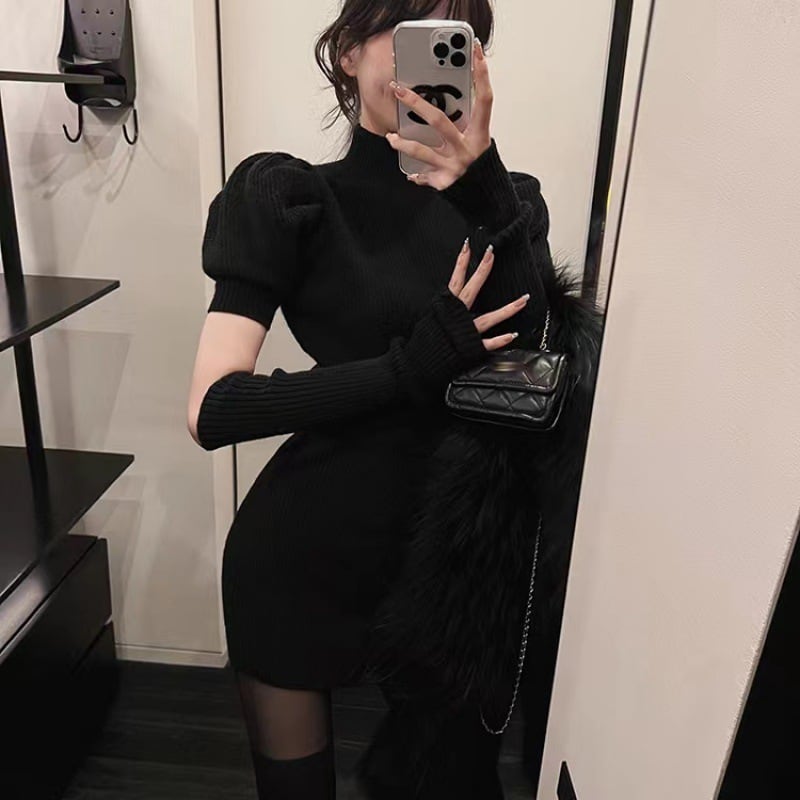 【dress】アームカバー付き無地ニットワンピース　M17718