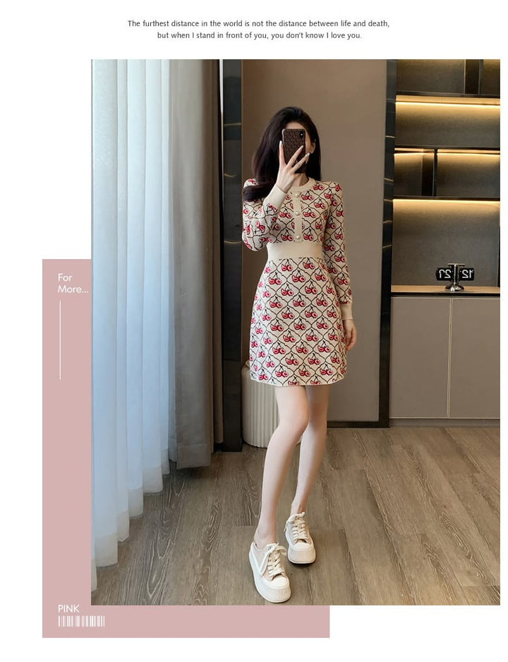 【dress】チェリー柄ニットワンピース　N2032