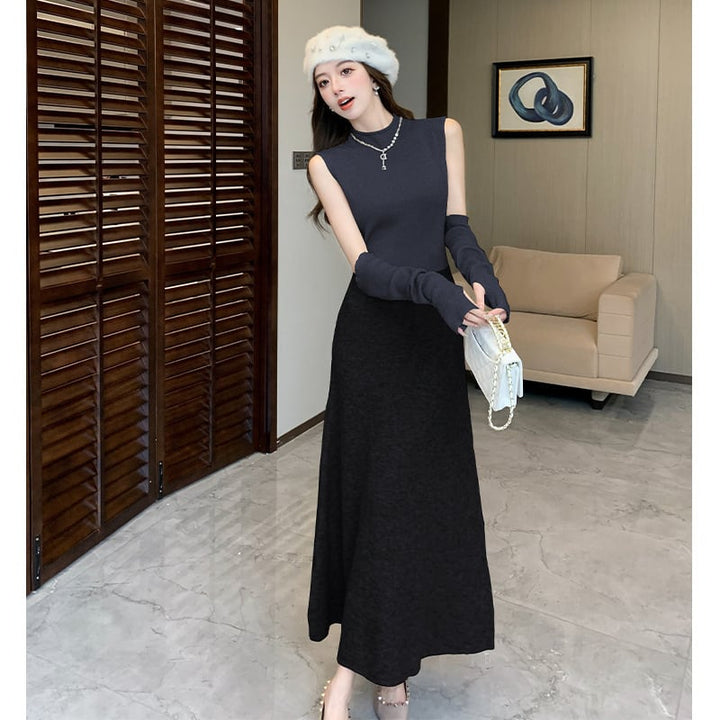 【dress】アームカバー付きドッキングニットワンピース　M28118