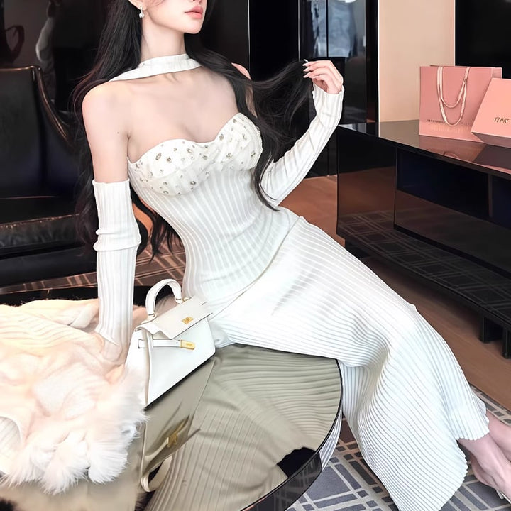 【dress】胸パット付きホルターネックニットワンピース Q7741