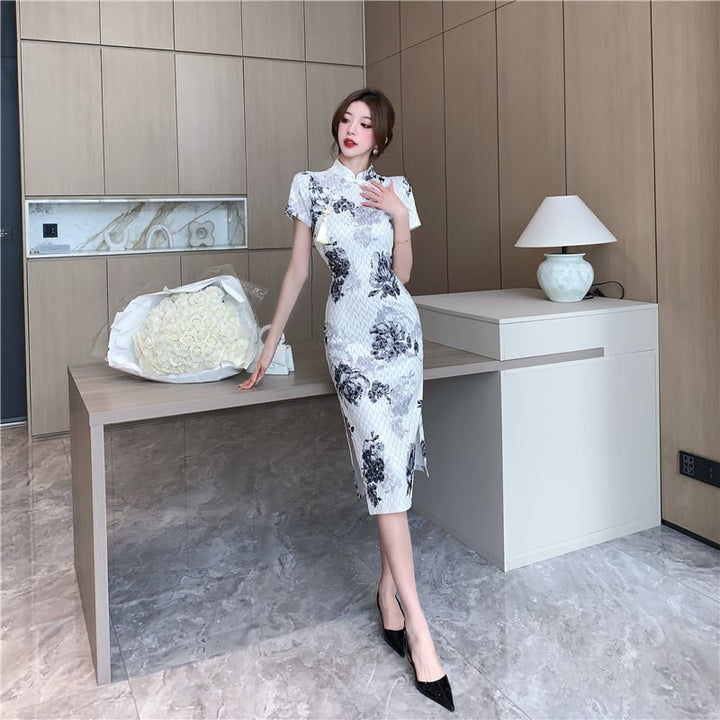 【dress】絶対流行エレガントスリットプリントワンピース　M16799