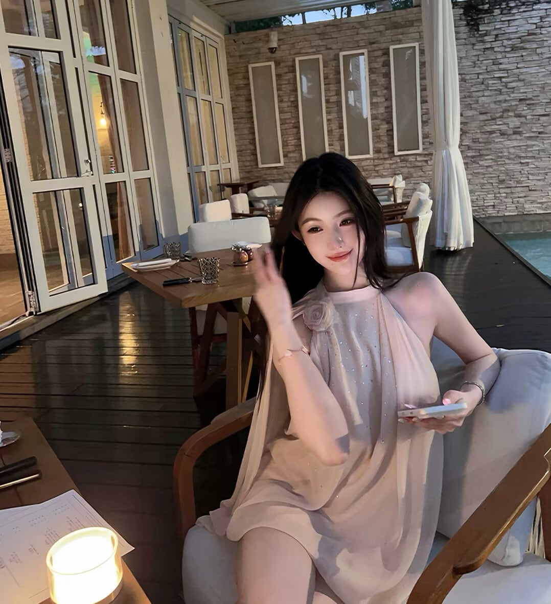【dress】ラインストーン付きシフォンミニワンピース Q8345