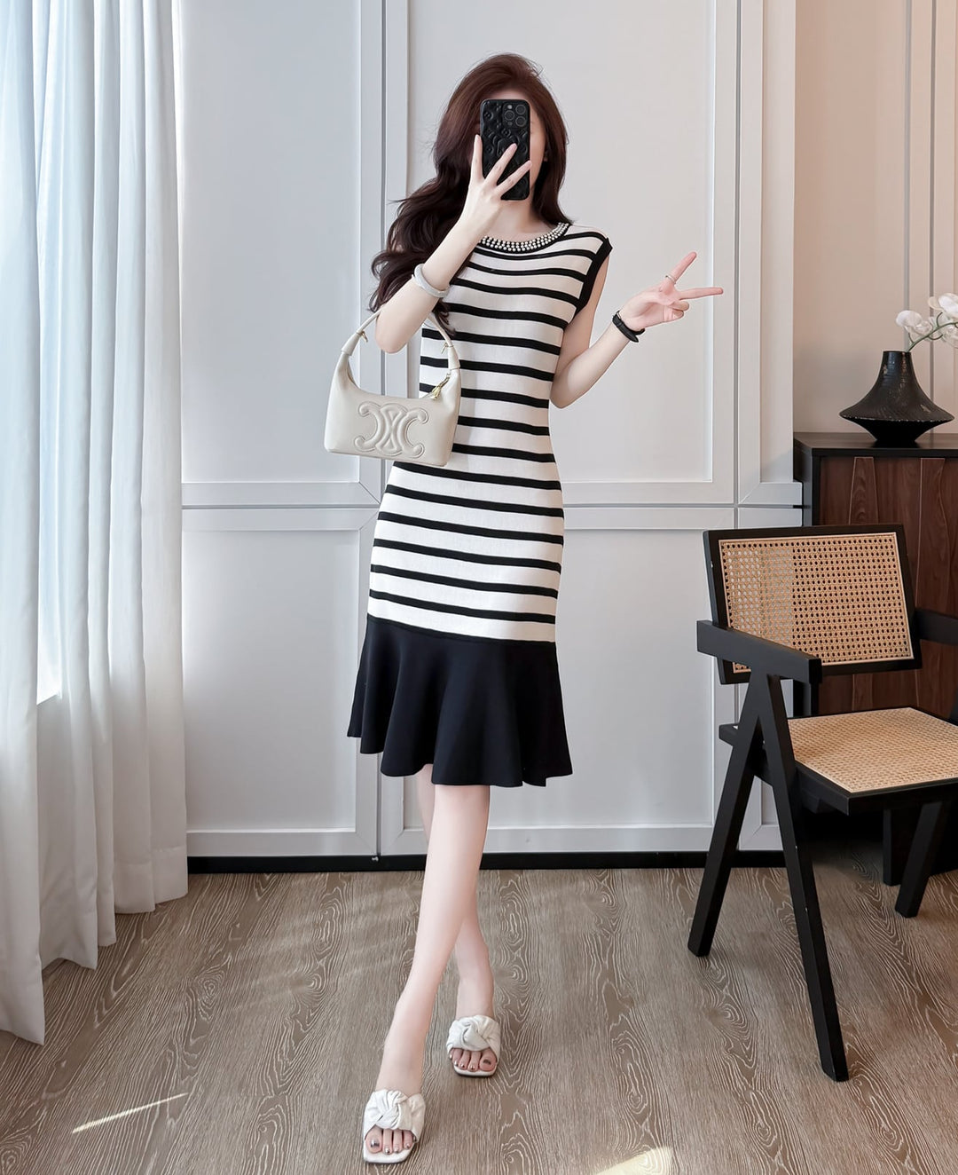 【dress】ノースリーブボーダー柄ニットワンピース Q8491